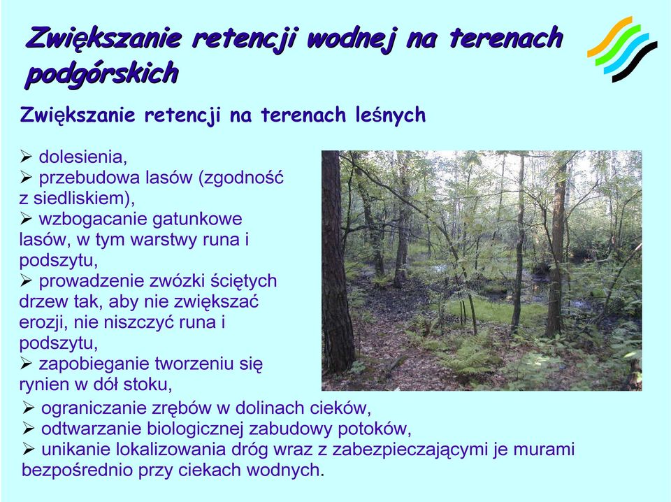 erozji, nie niszczyć runa i podszytu, zapobieganie tworzeniu się rynien w dół stoku, ograniczanie zrębów w dolinach cieków,