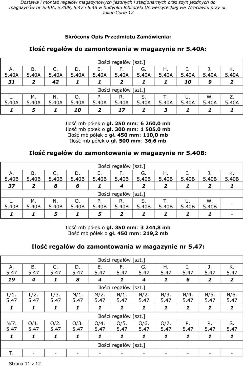 450 mm: 110,0 mb Ilość mb półek o gł. 500 mm: 36,6 mb Ilość regałów do zamontowania w magazynie nr : A. B. C. D. E. F. G. H. I. J. 37 2 8 6 1 4 2 2 1 2 1 L. M. N. O. P. R. S. T. U. W.