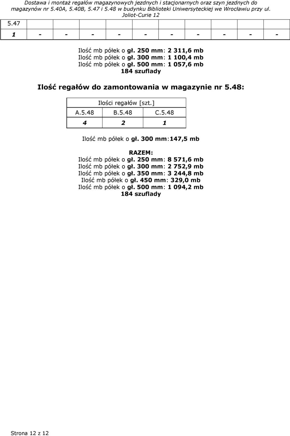 500 mm: 1 057,6 mb 184 szuflady Ilość regałów do zamontowania w magazynie nr 5.48: A.5.48 B.5.48 C.5.48 4 2 1 Ilość mb półek o gł.