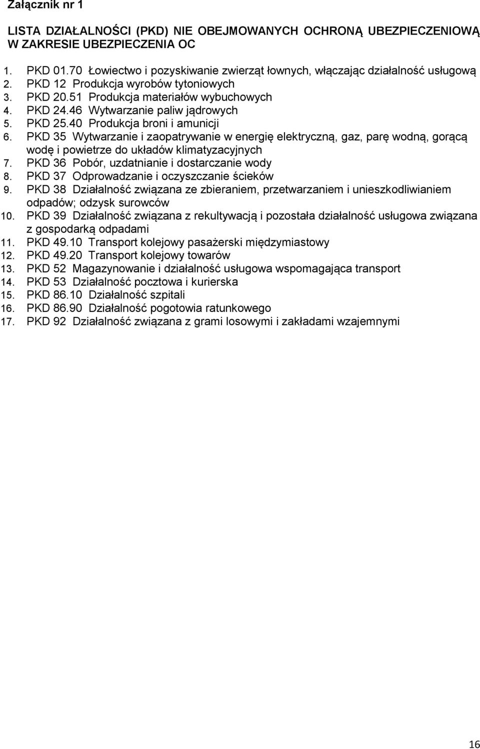 PKD 35 Wytwarzanie i zaopatrywanie w energię elektryczną, gaz, parę wodną, gorącą wodę i powietrze do układów klimatyzacyjnych 7. PKD 36 Pobór, uzdatnianie i dostarczanie wody 8.