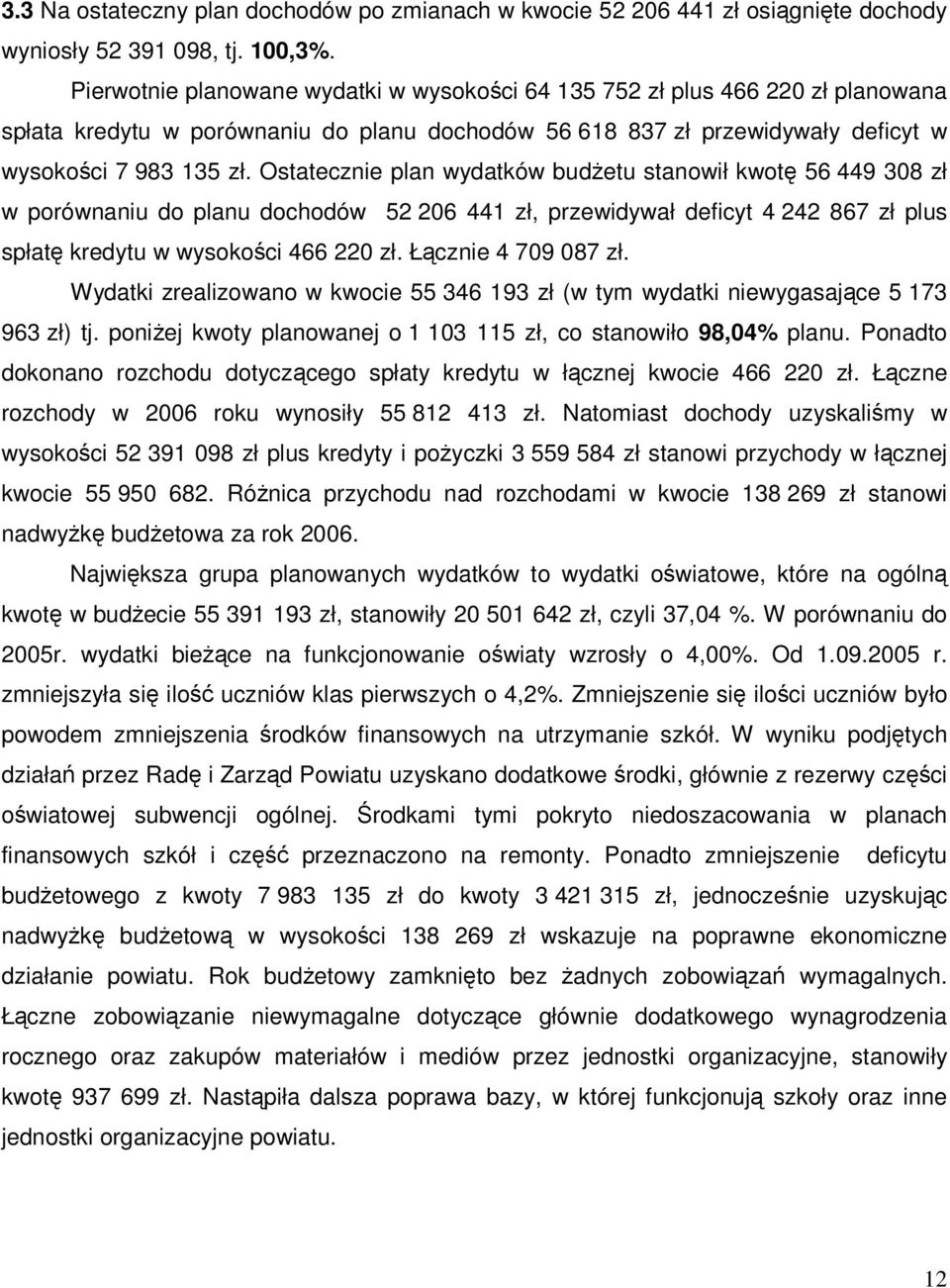 Ostatecznie plan wydatków budŝetu stanowił kwotę 56 449 308 zł w porównaniu do planu dochodów 52 206 441 zł, przewidywał deficyt 4 242 867 zł plus spłatę kredytu w wysokości 466 220 zł.