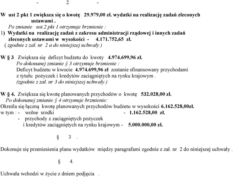 nr 2 a do niniejszej uchwały ) W 3. Zwiększa się deficyt budżetu do kwoty 4.974.699,96 zł. Po dokonanej zmianie 3 otrzymuje brzmienie : Deficyt budżetu w kwocie 4.974.699,96 zł zostanie sfinansowany przychodami z tytułu pożyczek i kredytów zaciągniętych na rynku krajowym.