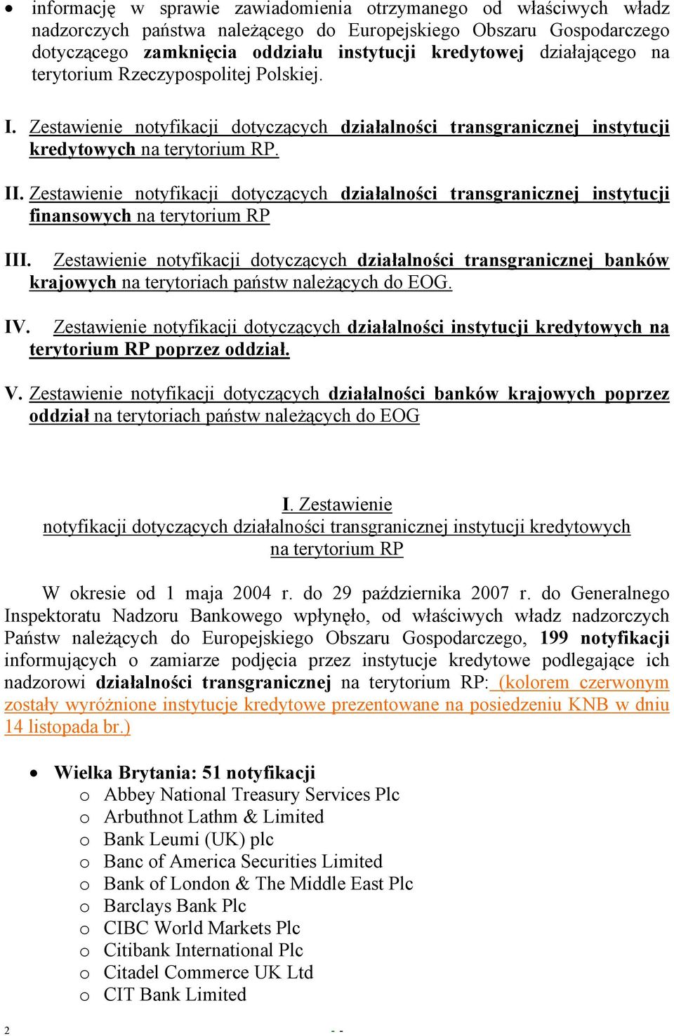 Zestawienie notyfikacji dotyczących działalności transgranicznej instytucji finansowych na terytorium RP III.