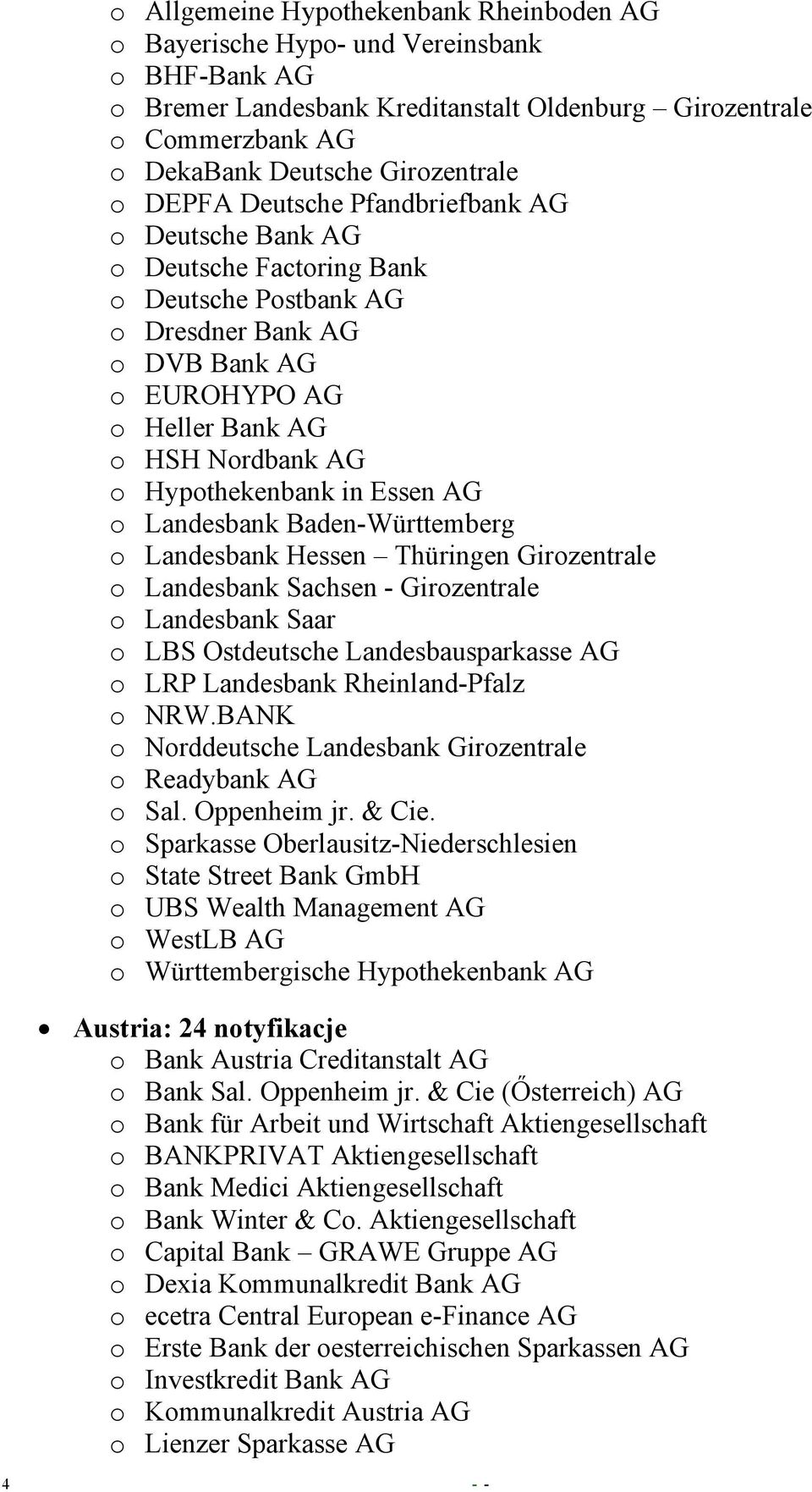 in Essen AG o Landesbank Baden-Württemberg o Landesbank Hessen Thüringen Girozentrale o Landesbank Sachsen - Girozentrale o Landesbank Saar o LBS Ostdeutsche Landesbausparkasse AG o LRP Landesbank