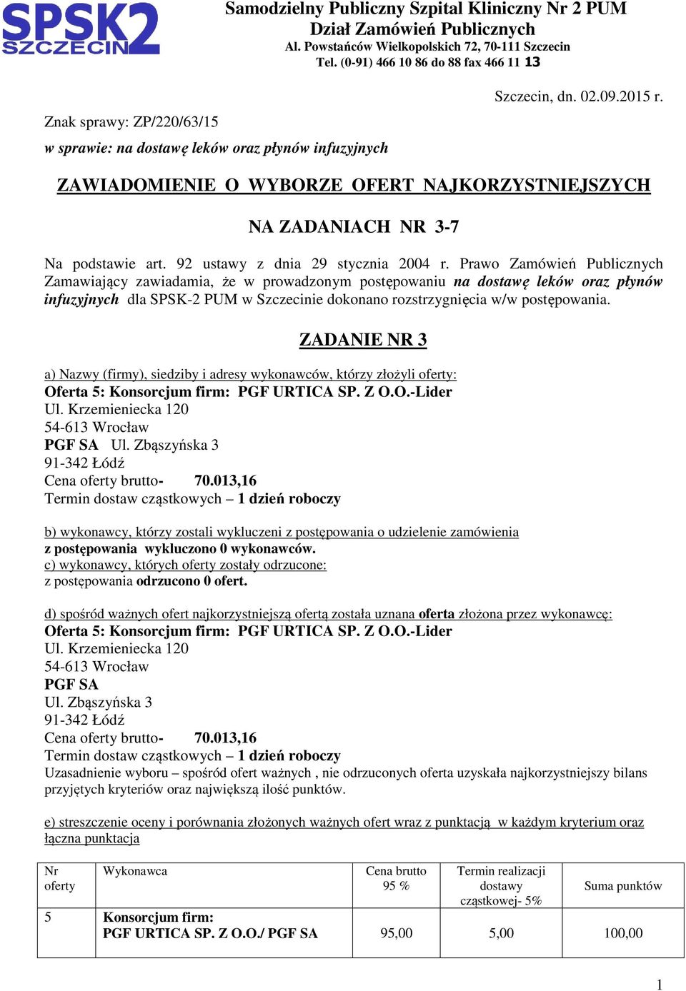 ZAWIADOMIENIE O WYBORZE OFERT NAJKORZYSTNIEJSZYCH NA ZADANIACH NR 3-7 Na podstawie art. 92 ustawy z dnia 29 stycznia 2004 r.