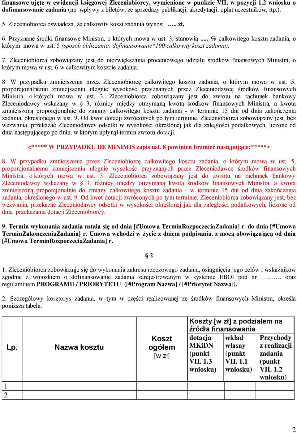 Przyznane środki finansowe Ministra, o których mowa w ust. 3, stanowią... % całkowitego kosztu zadania, o którym mowa w ust. 5 (sposób obliczania: dofinansowanie*100/całkowity koszt zadania). 7.