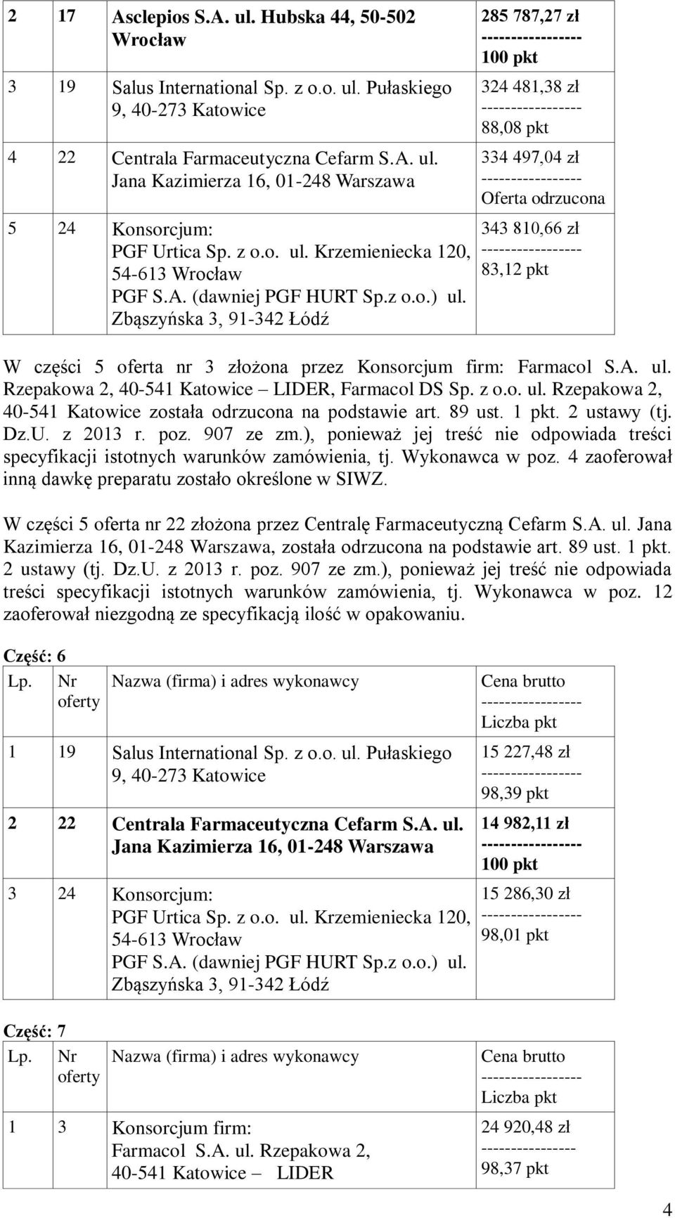 89 ust. 1 pkt. 2 ustawy (tj. Dz.U. z 2013 r. poz. 907 ze zm.), ponieważ jej treść nie odpowiada treści specyfikacji istotnych warunków zamówienia, tj. Wykonawca w poz.