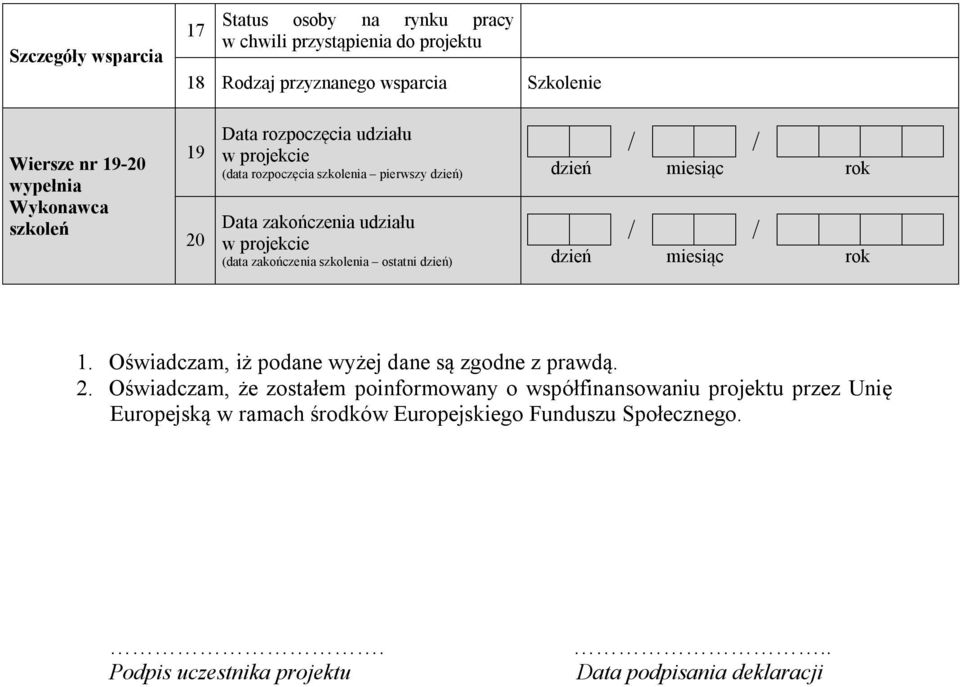 szkolenia ostatni dzień) / / dzień miesiąc rok / / dzień miesiąc rok 1. Oświadczam, iż podane wyżej dane są zgodne z prawdą. 2.