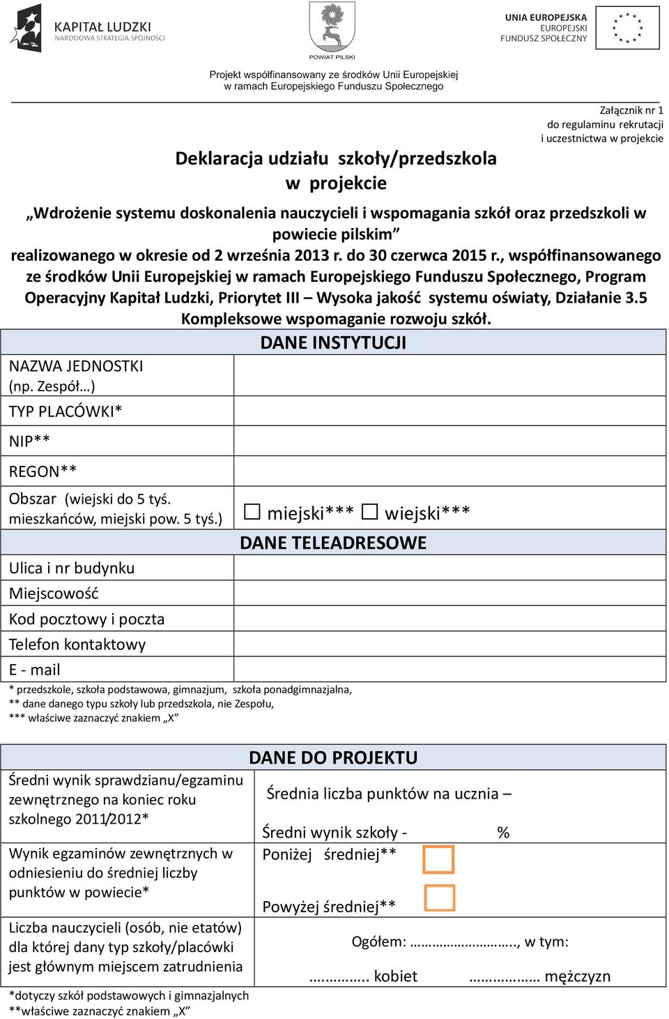 , współfinansowanego ze środków Unii Europejskiej w ramach Europejskiego Funduszu Społecznego, Program Operacyjny Kapitał Ludzki, Priorytet III Wysoka jakość systemu oświaty, Działanie 3.