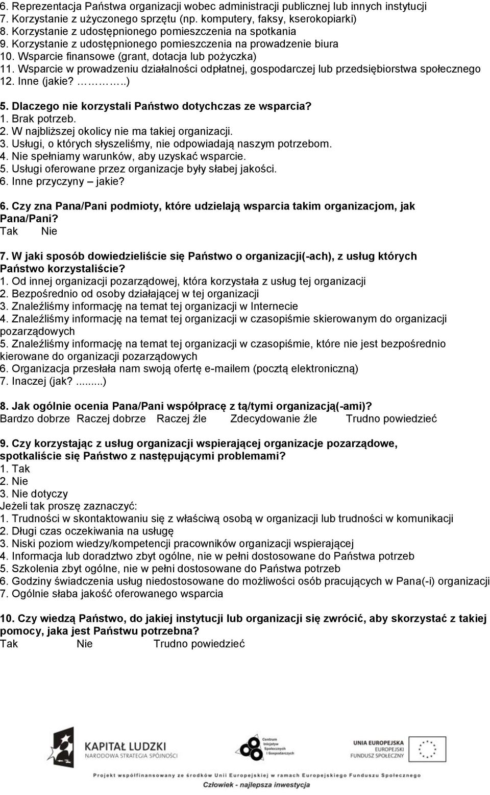 Wsparcie w prowadzeniu działalności odpłatnej, gospodarczej lub przedsiębiorstwa społecznego 12. Inne (jakie?..) 5. Dlaczego nie korzystali Państwo dotychczas ze wsparcia? 1. Brak potrzeb. 2.