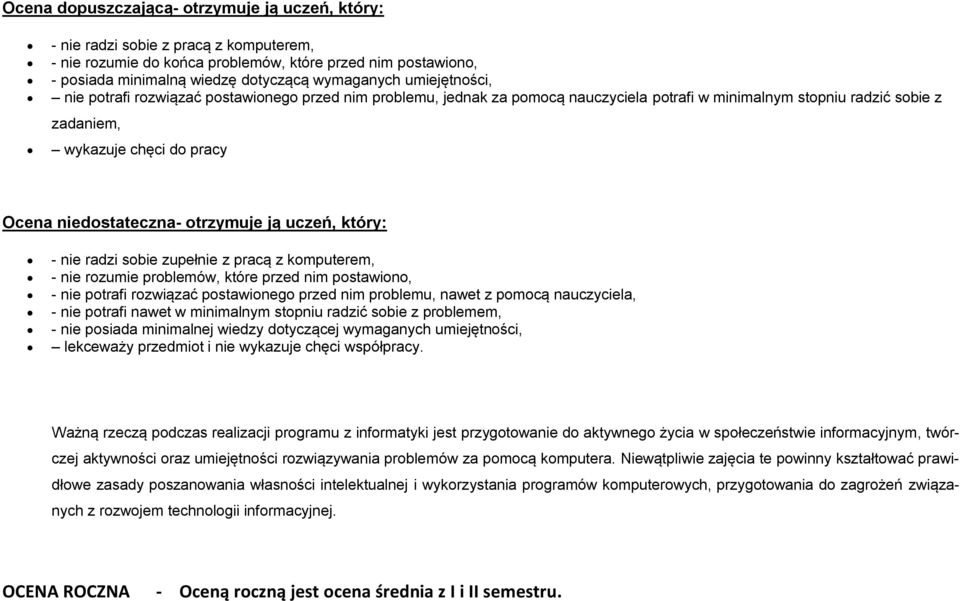 otrzymuje ją uczeń, który: - nie radzi sobie zupełnie z pracą z komputerem, - nie rozumie problemów, które przed nim postawiono, - nie potrafi rozwiązać postawionego przed nim problemu, nawet z