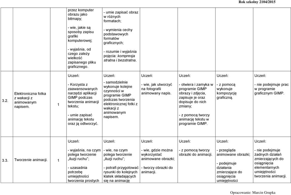 - Korzysta z zaawansowanych narzędzi aplikacji GIMP podczas tworzenia animacji tekstu; - umie zapisać animację tekstu oraz ją odtworzyć.