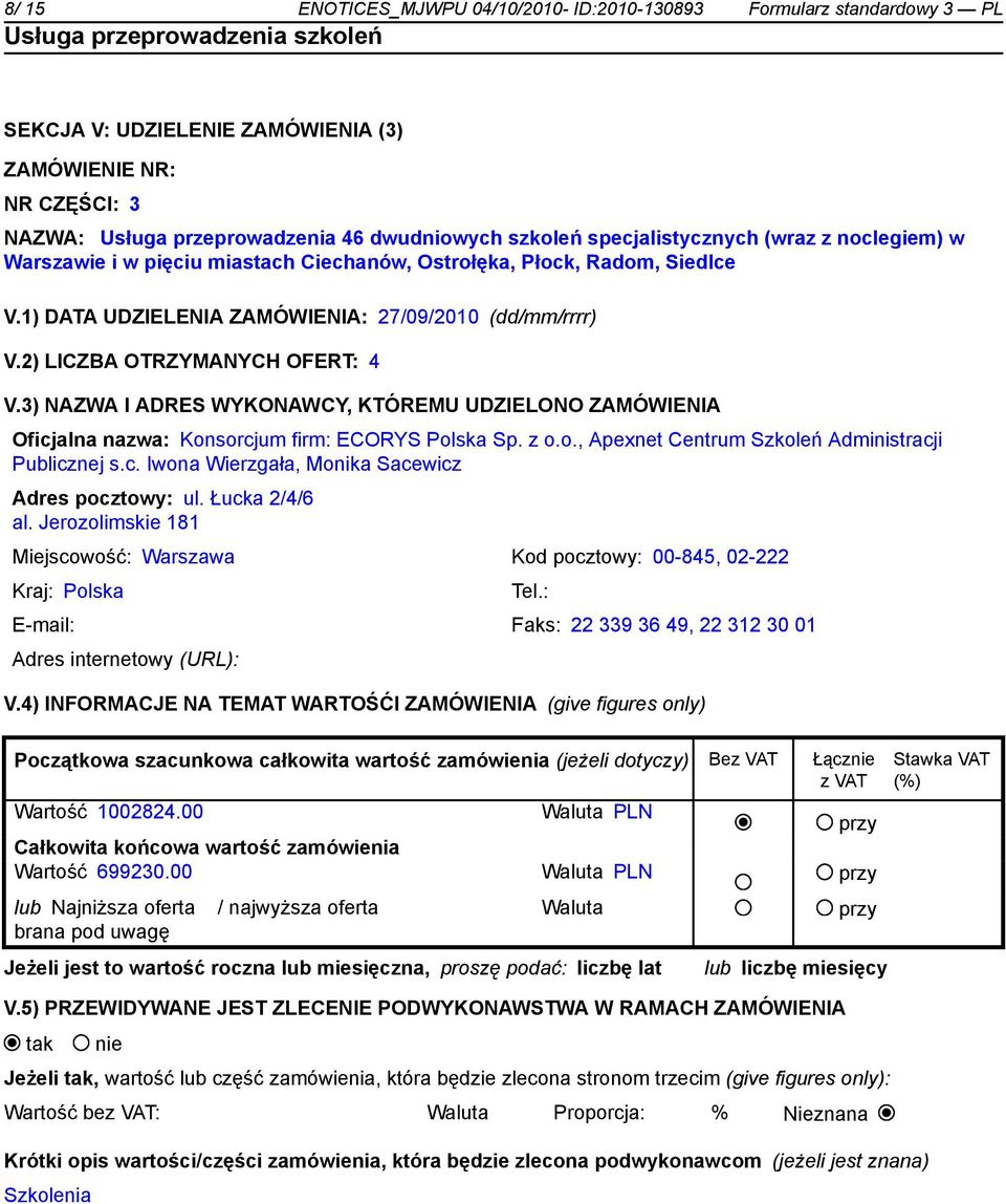 2) LICZBA OTRZYMANYCH OFERT: 4 V.3) NAZWA I ADRES WYKONAWCY, KTÓREMU UDZIELONO ZAMÓWIENIA Oficjalna nazwa: Konsorcjum firm: ECORYS Polska Sp. z o.o., Apexnet Centrum Szkoleń Administracji Publicznej s.