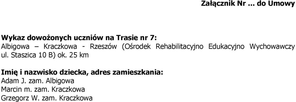 Edukacyjno Wychowawczy ul. Staszica 10 B) ok. 25 km : Adam J.