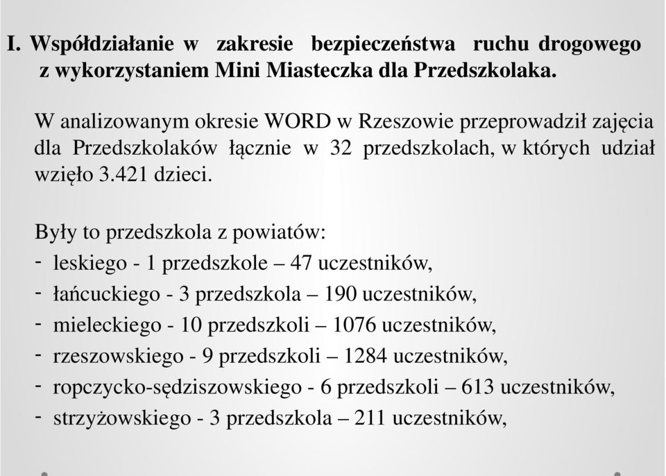 Były to przedszkola z powiatów: - leskiego - 1 przedszkole 47 uczestników, - łańcuckiego - 3 przedszkola 190 uczestników, - mieleckiego - 10