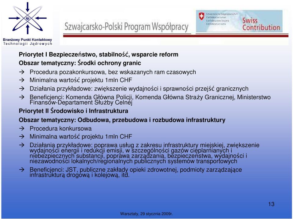 Priorytet II Środowisko i Infrastruktura Obszar tematyczny: Odbudowa, przebudowa i rozbudowa infrastruktury Procedura konkursowa Minimalna wartość projektu 1mln CHF Działania przykładowe: poprawa