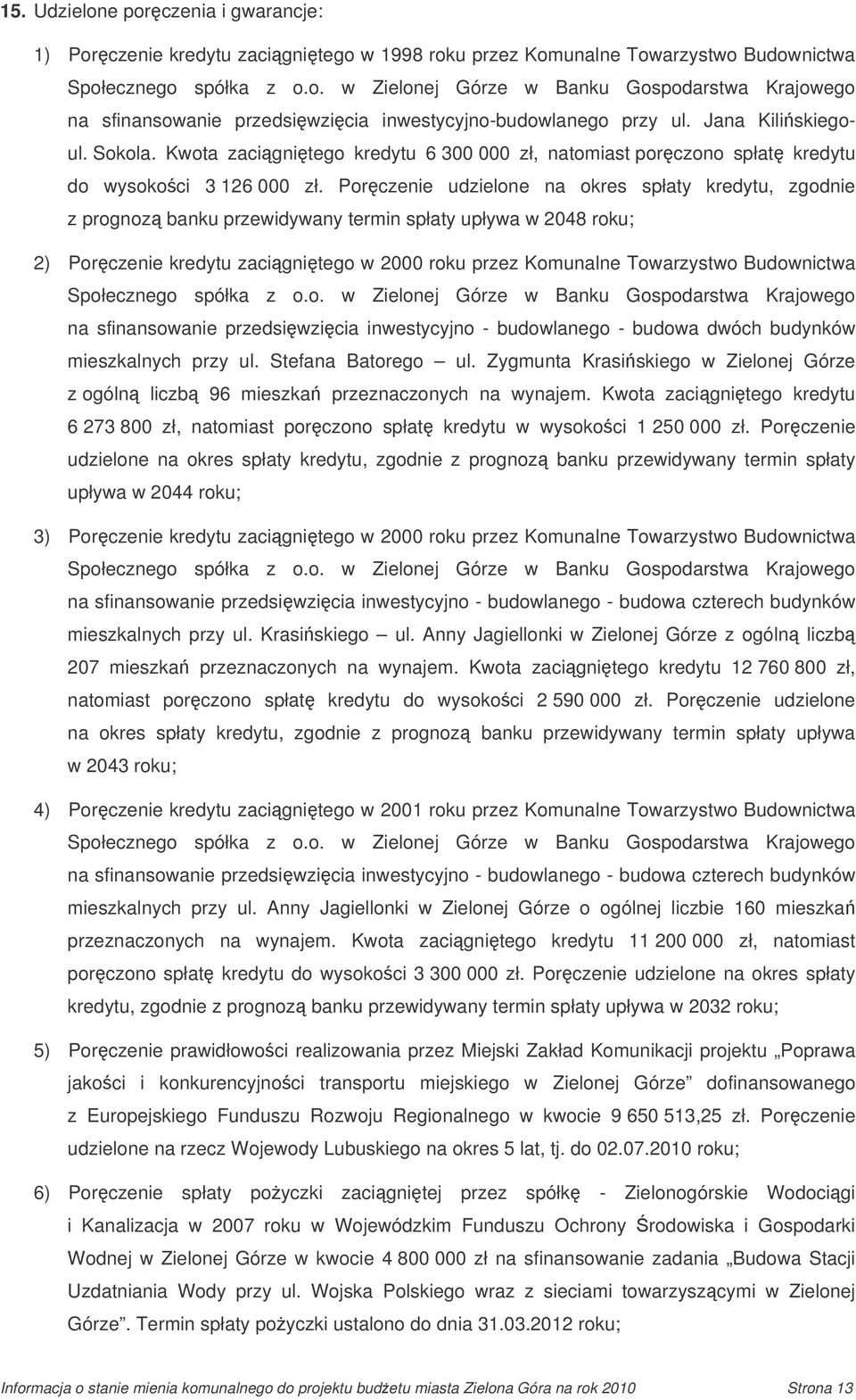 Porczenie udzielone na okres spłaty kredytu, zgodnie z prognoz banku przewidywany termin spłaty upływa w 2048 roku; 2) Porczenie kredytu zacignitego w 2000 roku przez Komunalne Towarzystwo