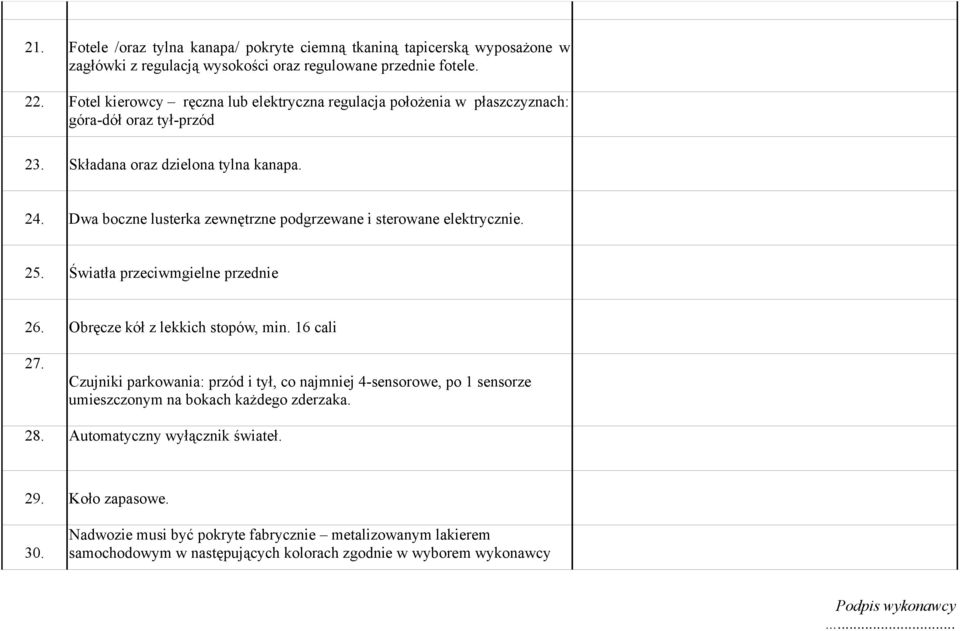 Dwa boczne lusterka zewnętrzne podgrzewane i sterowane elektrycznie. 25. Światła przeciwmgielne przednie 26. Obręcze kół z lekkich stopów, min. 16 cali 27.