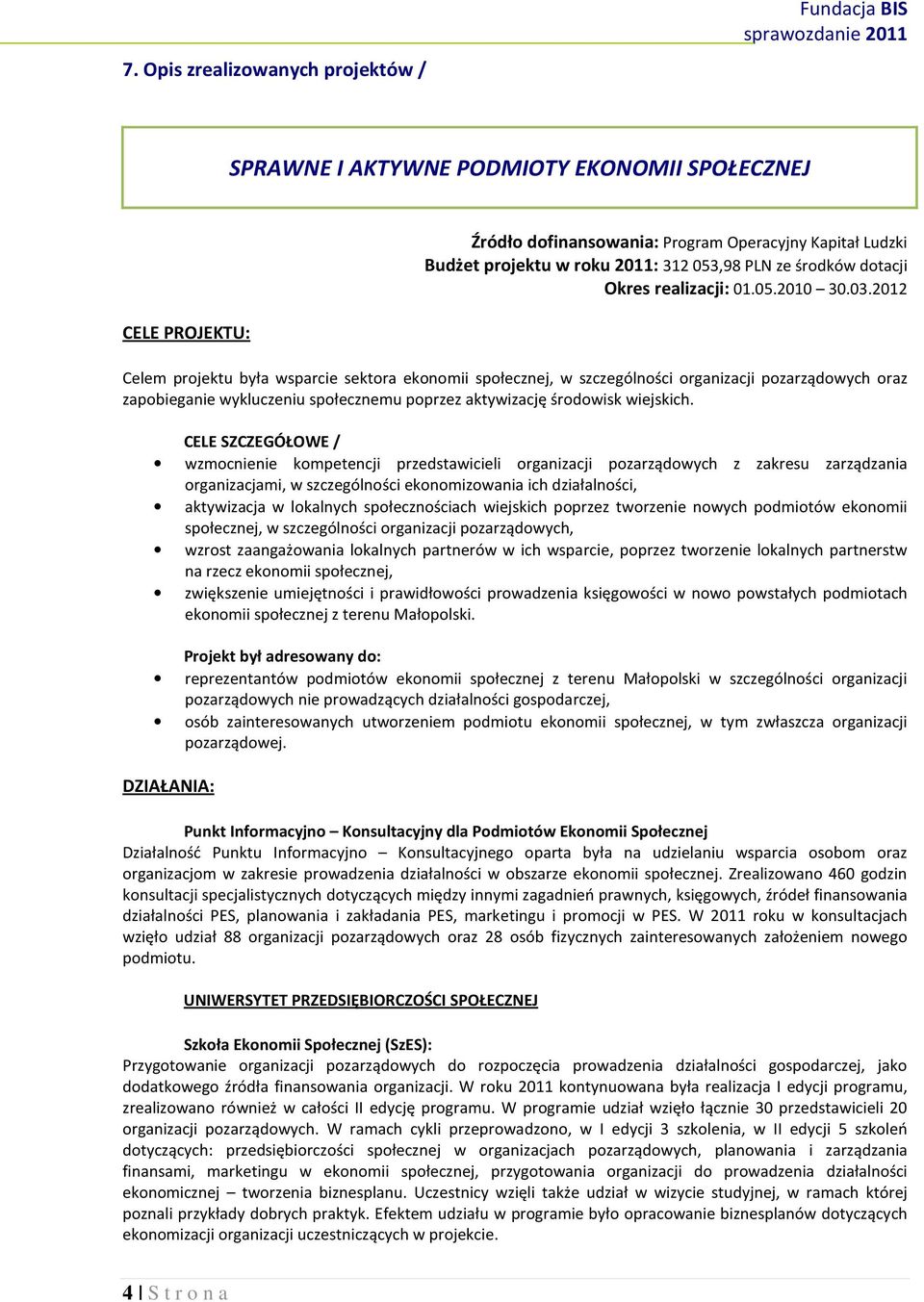 2012 Celem projektu była wsparcie sektora ekonomii społecznej, w szczególności organizacji pozarządowych oraz zapobieganie wykluczeniu społecznemu poprzez aktywizację środowisk wiejskich.