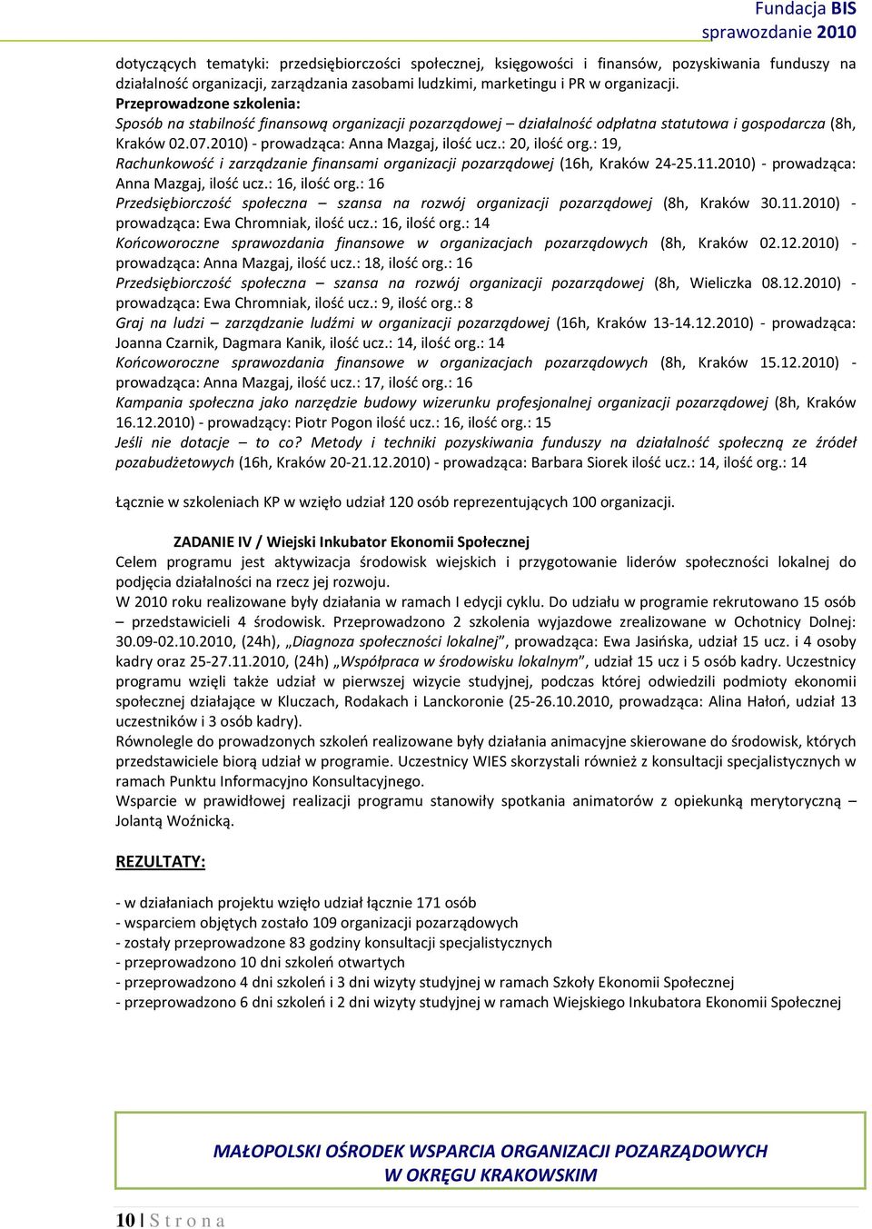 : 20, ilość org.: 19, Rachunkowość i zarządzanie finansami organizacji pozarządowej (16h, Kraków 24-25.11.2010) - prowadząca: Anna Mazgaj, ilość ucz.: 16, ilość org.