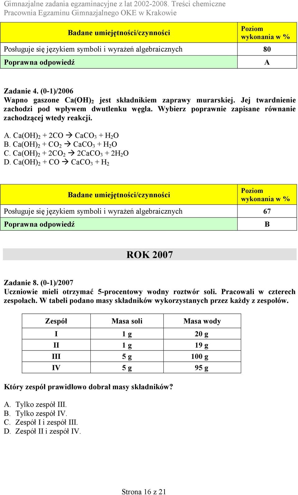 a(o) 2 + O ao 3 + 2 Posługuje się językiem symboli i wyrażeń algebraicznych 67 B ROK 2007 Zadanie 8. (0-1)/2007 Uczniowie mieli otrzymać 5-procentowy wodny roztwór soli.