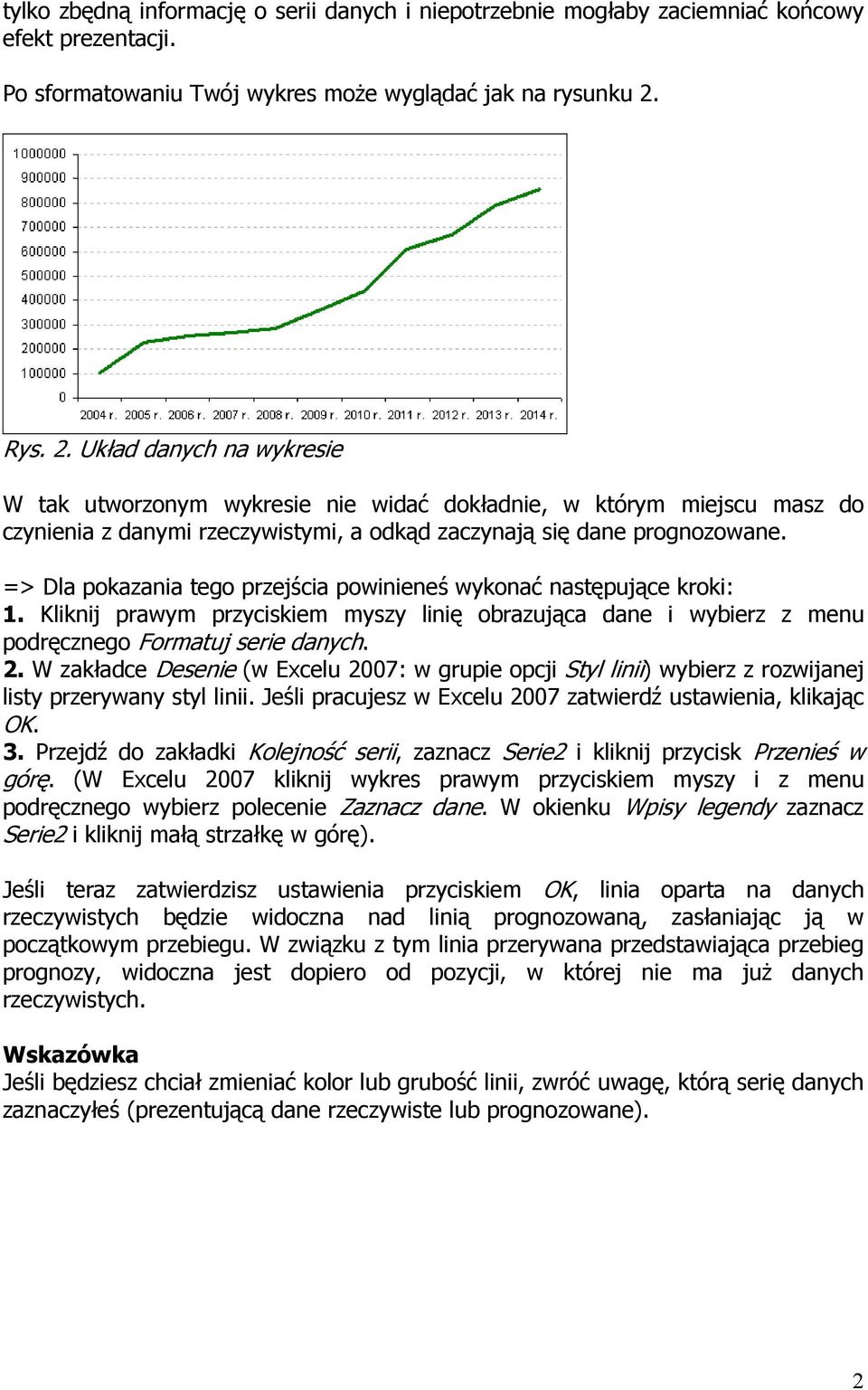 => Dla pokazania tego przejścia powinieneś wykonać następujące kroki: 1. Kliknij prawym przyciskiem myszy linię obrazująca dane i wybierz z menu podręcznego Formatuj serie danych. 2.