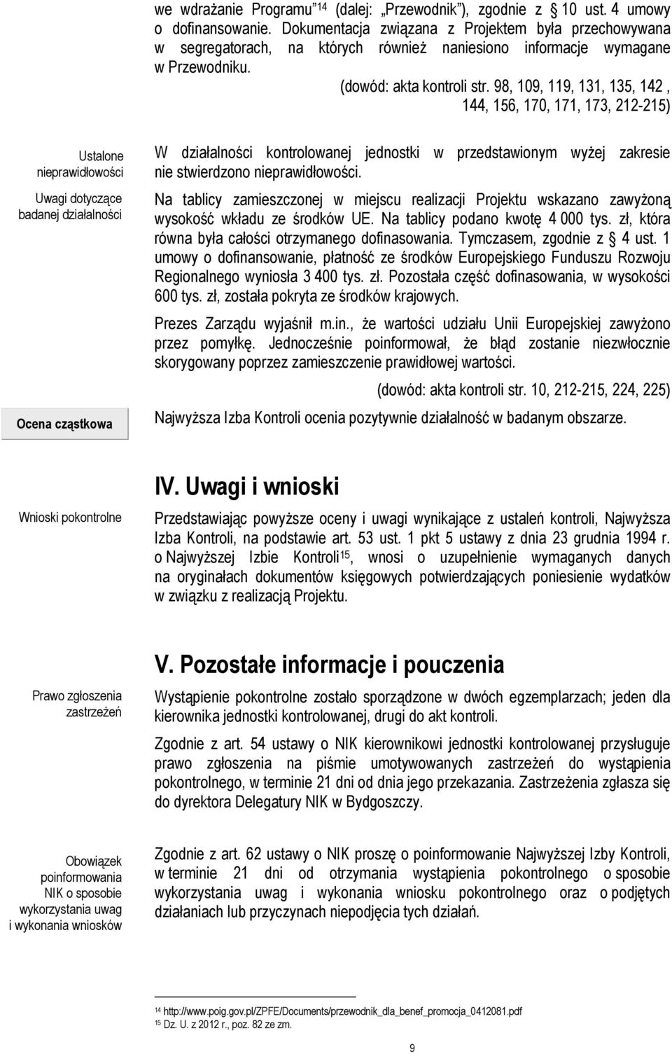 98, 109, 119, 131, 135, 142, 144, 156, 170, 171, 173, 212-215) Ustalone nieprawidłowości Uwagi dotyczące badanej działalności Ocena cząstkowa W działalności kontrolowanej jednostki w przedstawionym