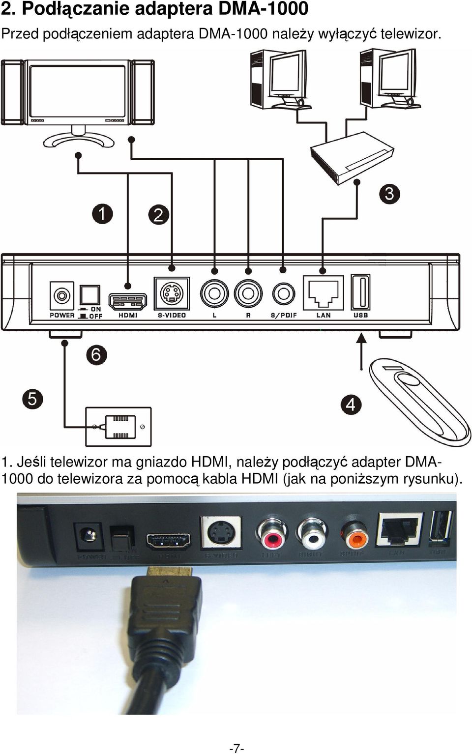 Jeśli telewizor ma gniazdo HDMI, należy podłączyć adapter