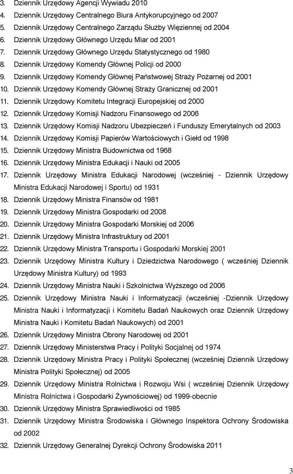 Dziennik Urzędowy Komendy Głównej Państwowej Straży Pożarnej od 2001 10. Dziennik Urzędowy Komendy Głównej Straży Granicznej od 2001 11. Dziennik Urzędowy Komitetu Integracji Europejskiej od 2000 12.