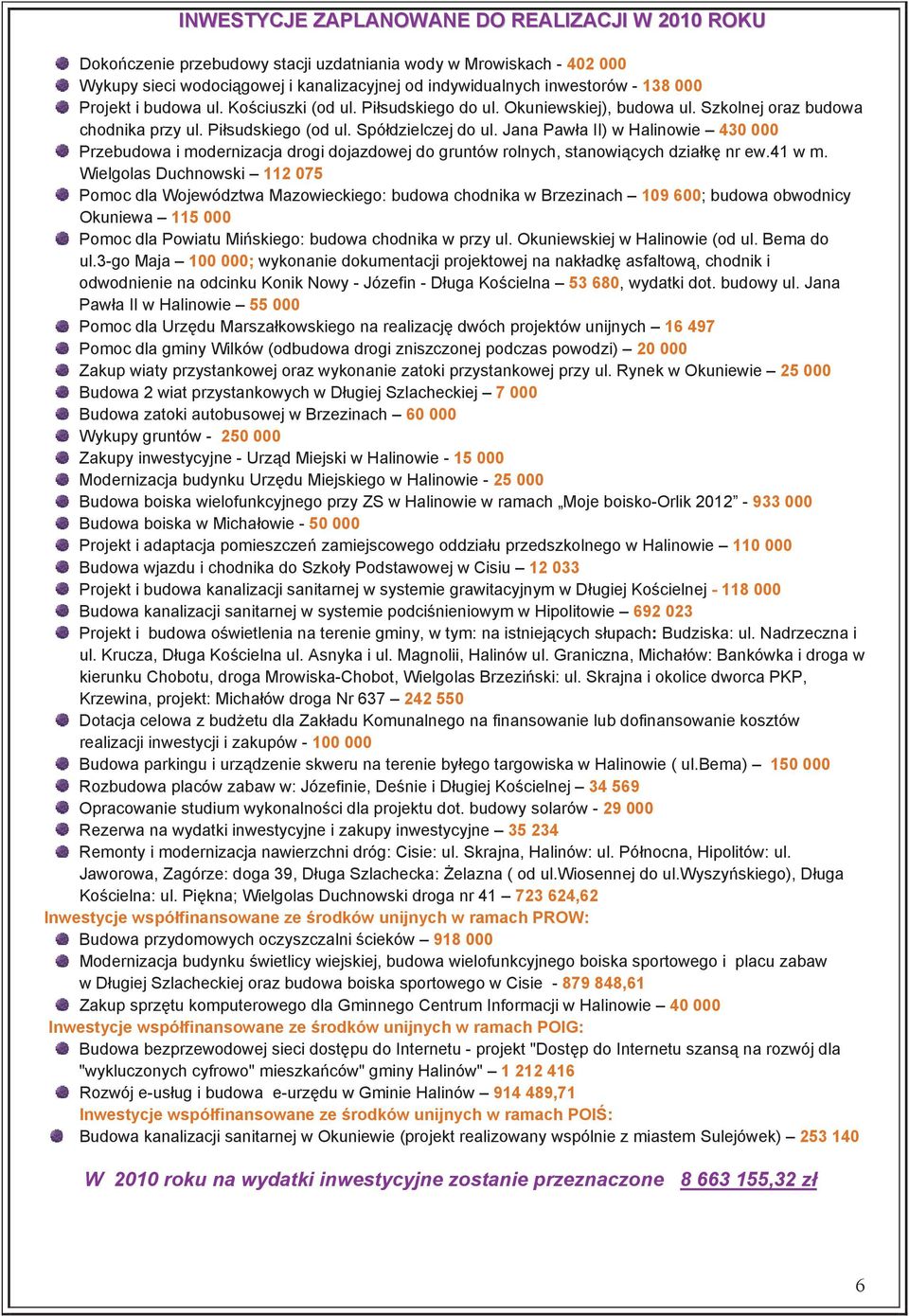 Jana Pawła II) w Halinowie 430 000 Przebudowa i modernizacja drogi dojazdowej do gruntów rolnych, stanowiących działkę nr ew.41 w m.