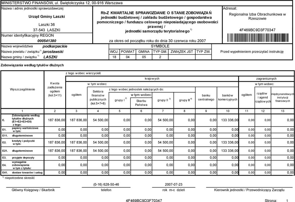 powiatu / związku jarosławski 1) Nazwa gminy / związku LASZKI Rb-Z KWARTALNE SPRAWOZDANIE O STANIE ZOBOWIĄZA Ń jednostki budżetowej / zakładu budżetowego / gospodarstwa pomocniczego / funduszu