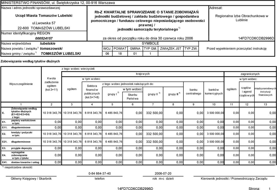 tytułów dłuŝnych Rb-Z KWARTALNE SPRAWOZDANIE O STANIE ZOBOWIĄZAŃ jednostki budŝetowej / zakładu budŝetowego / gospodarstwa pomocniczego / funduszu celowego nieposiadającego osobowości prawnej /