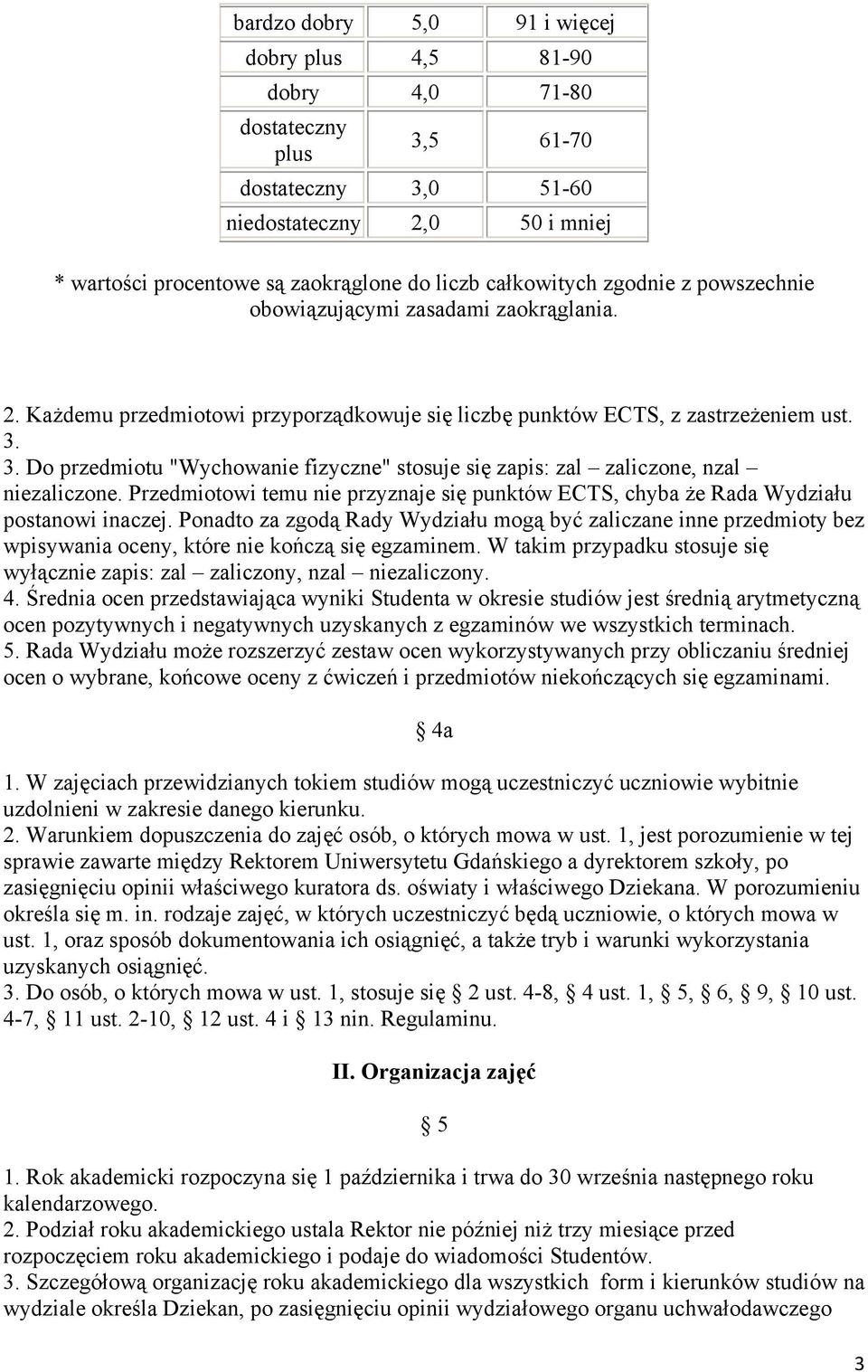 3. Do przedmiotu "Wychowanie fizyczne" stosuje się zapis: zal zaliczone, nzal niezaliczone. Przedmiotowi temu nie przyznaje się punktów ECTS, chyba że Rada Wydziału postanowi inaczej.