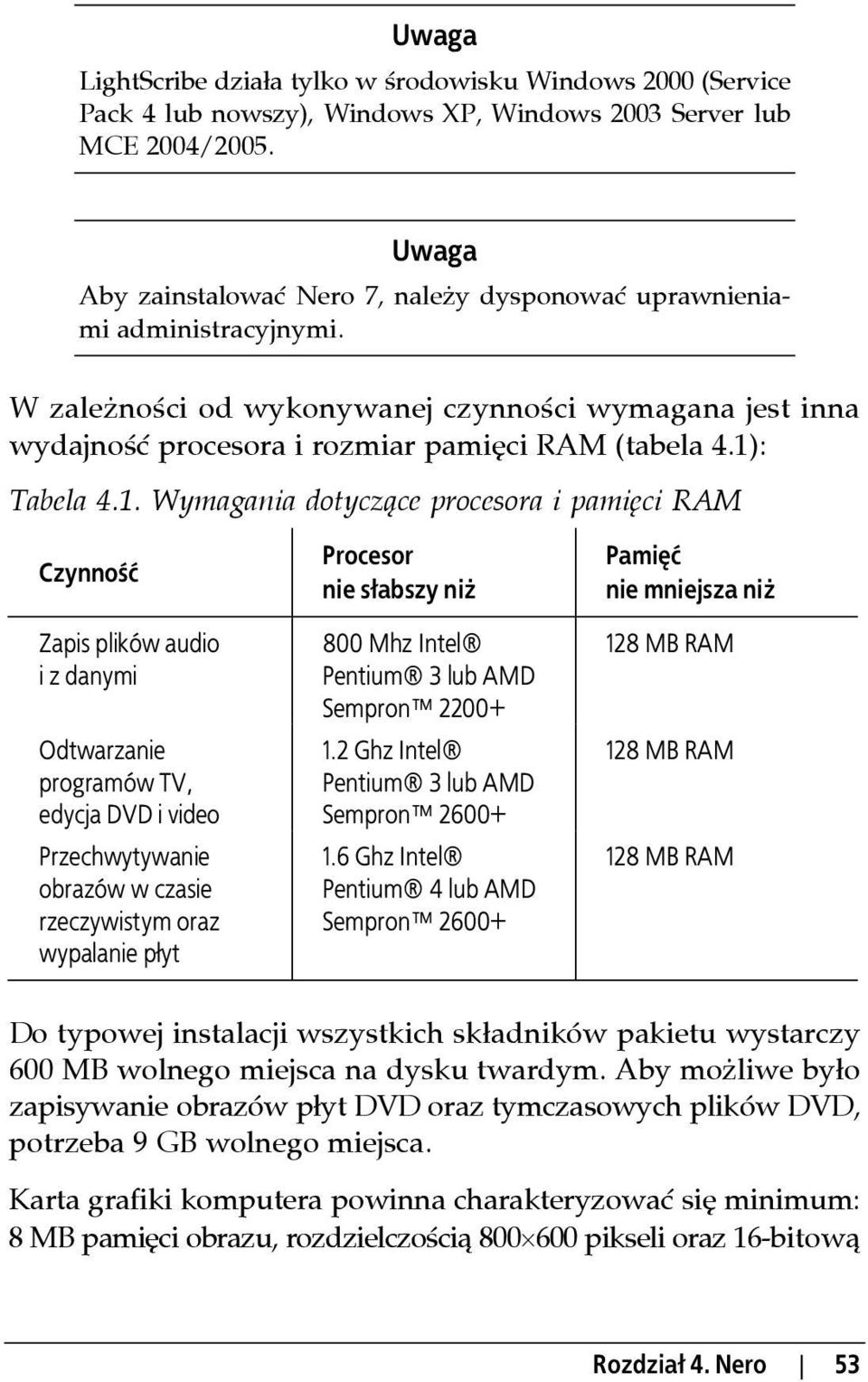 1): Tabela 4.1. Wymagania dotyczące procesora i pamięci RAM Czynność Zapis plików audio i z danymi Odtwarzanie programów TV, edycja DVD i video Przechwytywanie obrazów w czasie rzeczywistym oraz