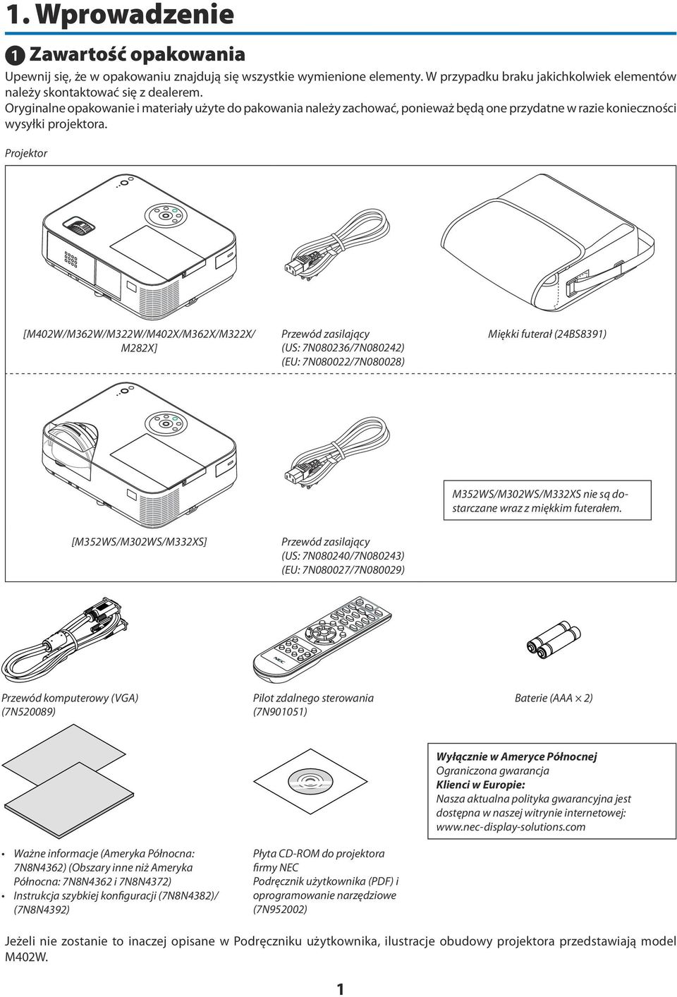 Projektor [M402W/M362W/M322W/M402X/M362X/M322X/ M282X] Przewód zasilający (US: 7N080236/7N080242) (EU: 7N080022/7N080028) Miękki futerał (24BS8391) M352WS/M302WS/M332XS nie są dostarczane wraz z
