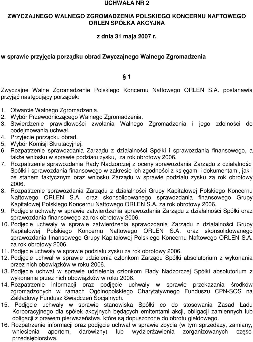 Przyjęcie porządku obrad. 5. Wybór Komisji Skrutacyjnej. 6.