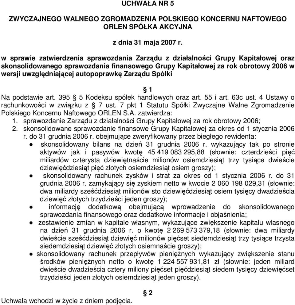 7 pkt 1 Statutu Spółki Zwyczajne Walne Zgromadzenie Polskiego Koncernu Naftowego ORLEN S.A. zatwierdza: 1. sprawozdanie Zarządu z działalności Grupy Kapitałowej za rok obrotowy 2006; 2.