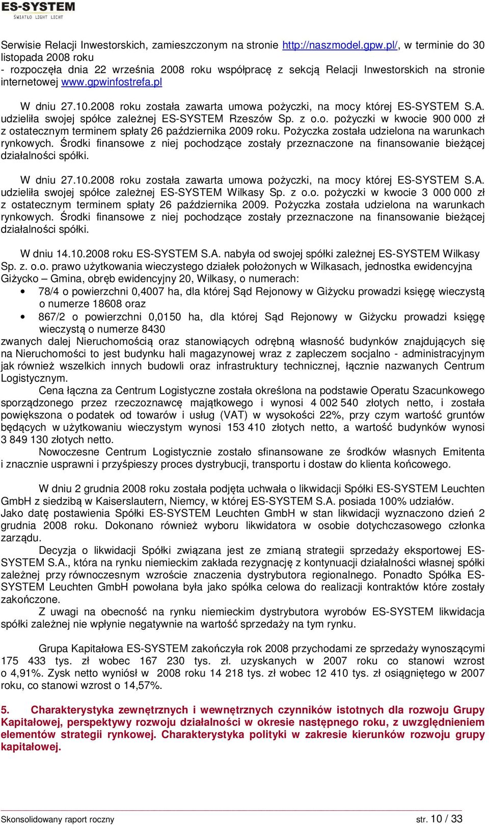 2008 roku została zawarta umowa pożyczki, na mocy której ES-SYSTEM S.A. udzieliła swojej spółce zależnej ES-SYSTEM Rzeszów Sp. z o.o. pożyczki w kwocie 900 000 zł z ostatecznym terminem spłaty 26 października 2009 roku.