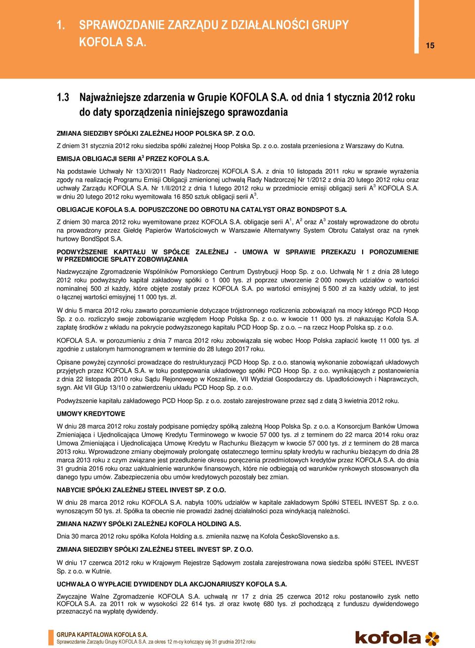 P POLSKA SP. Z O.O. Z dniem 31 stycznia 2012 roku siedziba spółki zależnej Hoop Polska Sp. z o.o. została przeniesiona z Warszawy do Kutna.