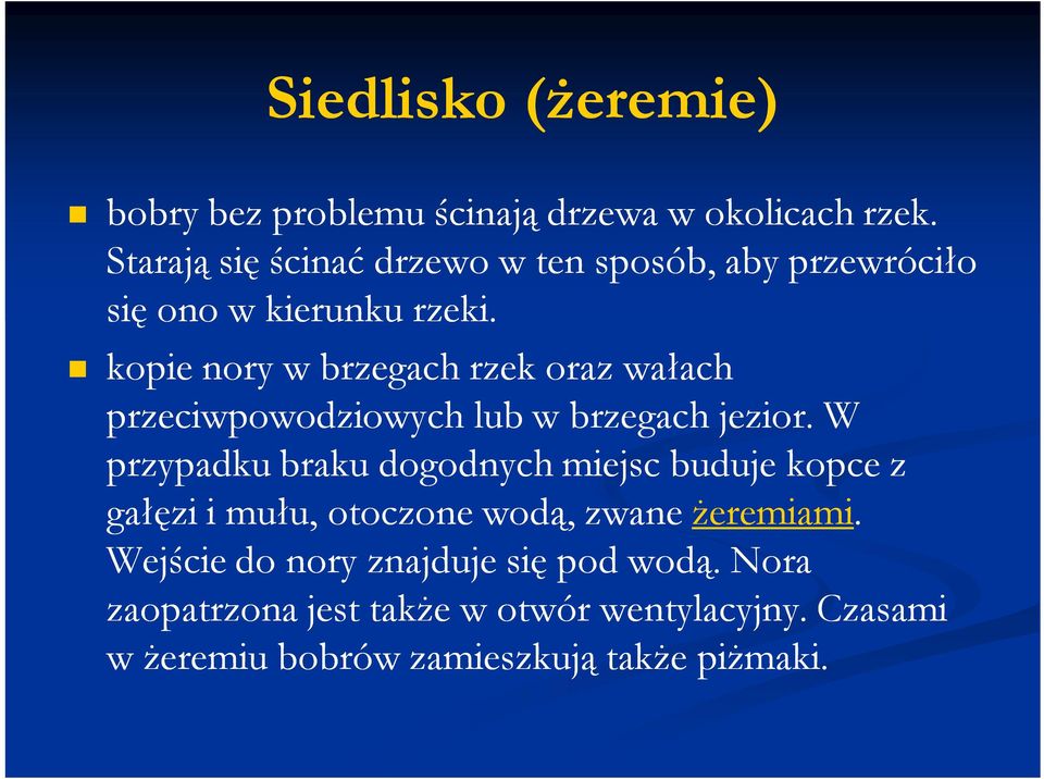 kopie nory w brzegach rzek oraz wałach przeciwpowodziowych lub w brzegach jezior.