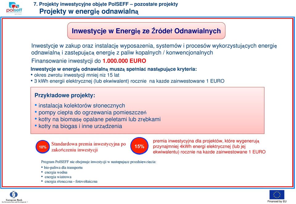 000 EURO Inwestycje w energię odnawialną muszą spełniać następujące kryteria: okres zwrotu inwestycji mniej niż 15 lat 3 kwh energii elektrycznej (lub ekwiwalent) rocznie na każde zainwestowane 1