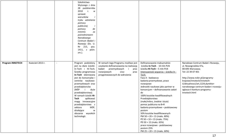 W ramach tego Programu możliwe jest uzyskanie dofinansowania na realizację badań przemysłowych i prac rozwojowych oraz prac przygotowawczych do wdrożenia Dofinansowanie maksymalnie: ścieżka In-Tech -