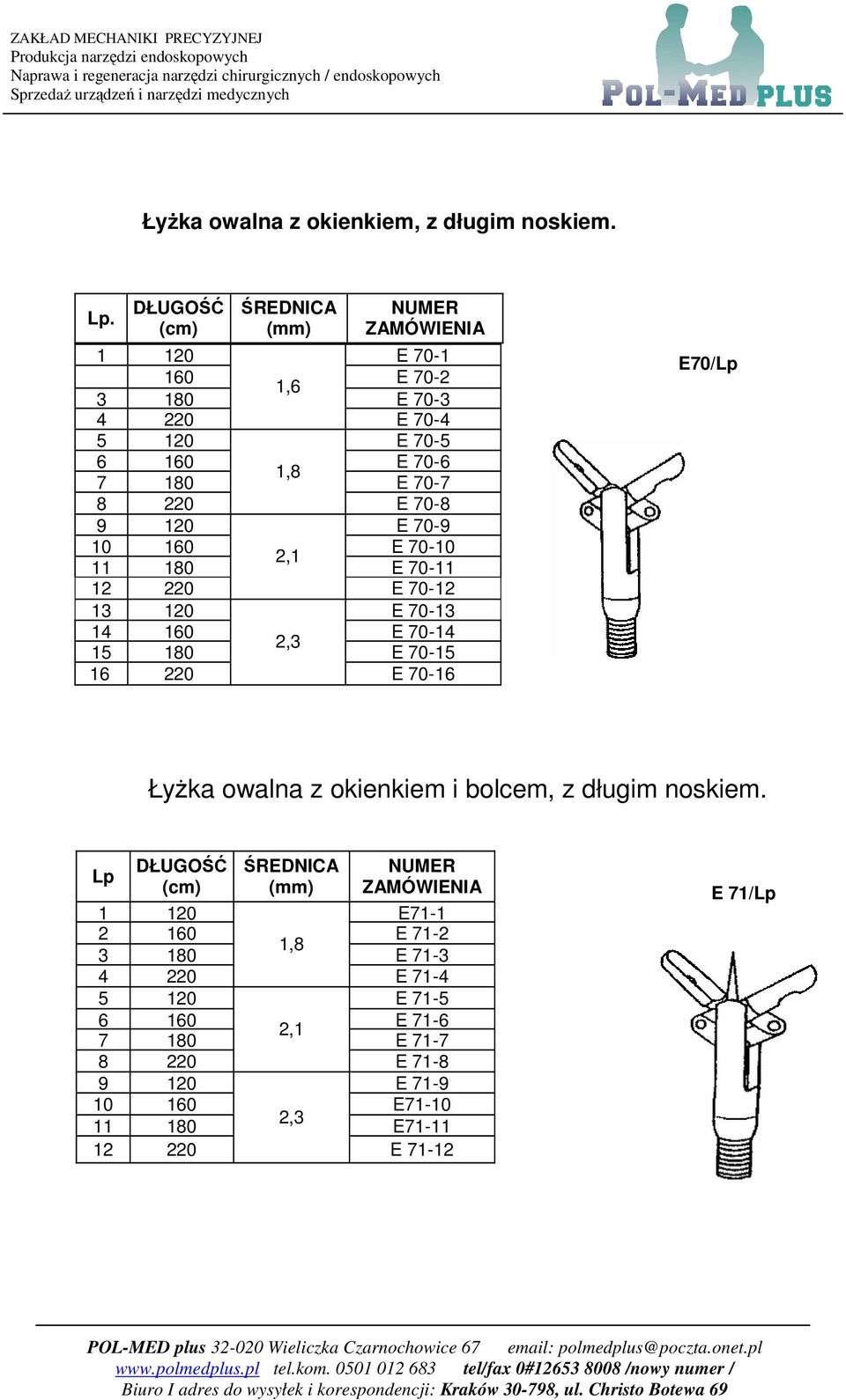 160 E 70-10 2,1 11 180 E 70-11 12 220 E 70-12 13 120 E 70-13 14 160 E 70-14 15 180 E 70-15 16 220 E 70-16 E70/ Łyżka owalna