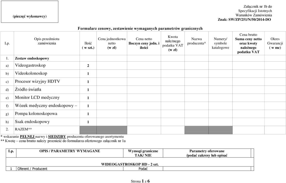 i ilości Kwota należnego podatku VAT (w zł) Nazwa producenta* Numery/ symbole katalogowe Cena brutto Suma ceny netto oraz kwoty należnego podatku VAT Okres Gwarancji ( w mc) 1.