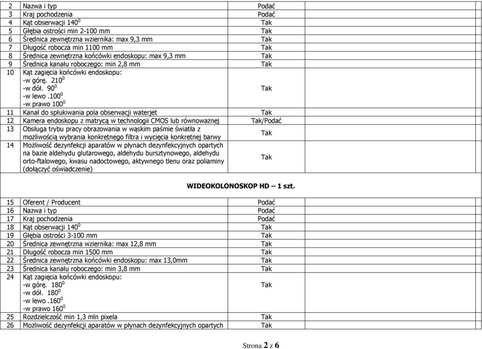 100 0 -w prawo 100 0 11 Kanał do spłukiwania pola obserwacji waterjet 12 Kamera endoskopu z matrycą w technologii CMOS lub równoważnej /Podać 13 Obsługa trybu pracy obrazowania w wąskim paśmie