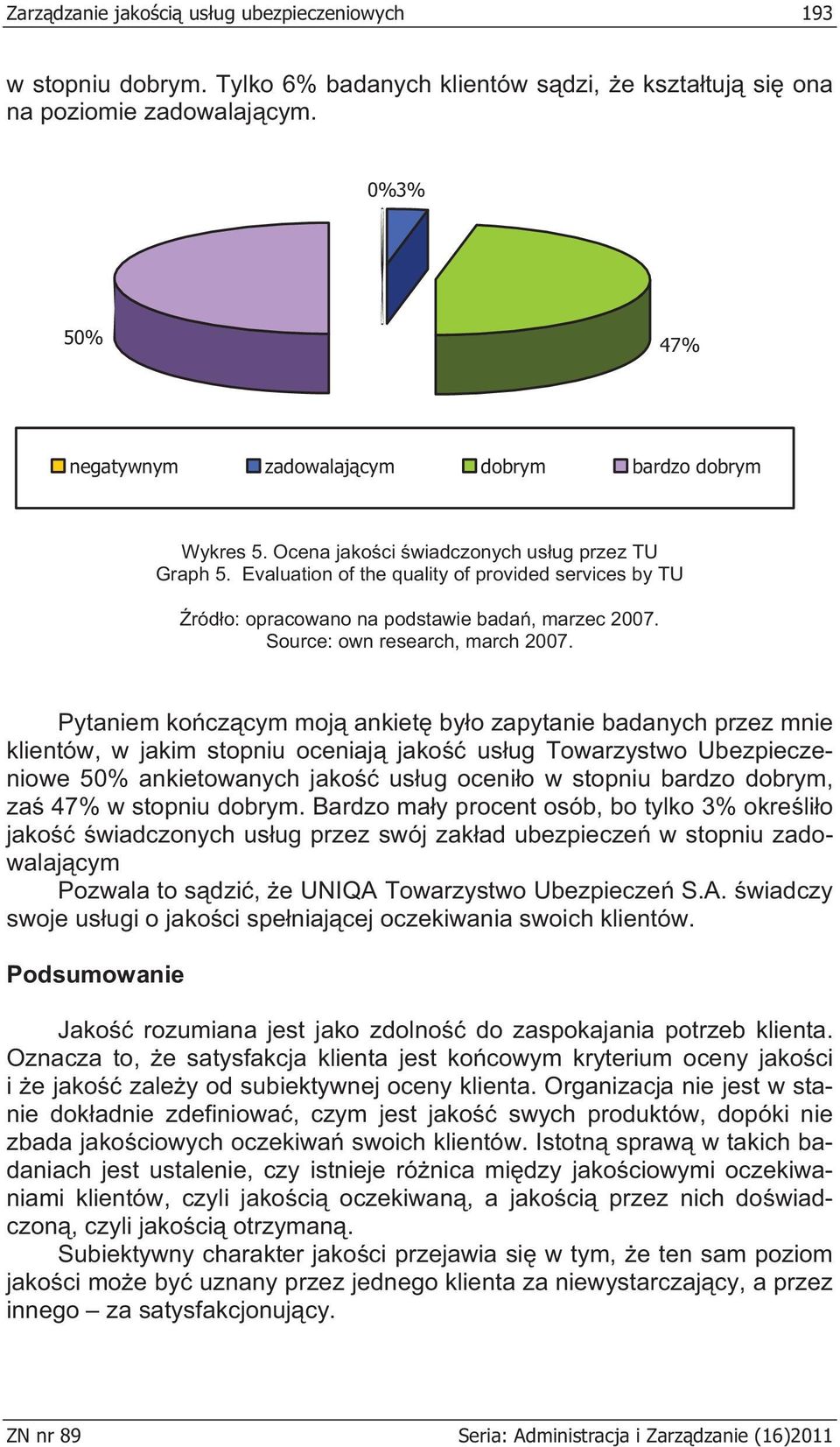 Evaluation of the quality of provided services by TU ród o: opracowano na podstawie bada, marzec 2007. Source: own research, march 2007.