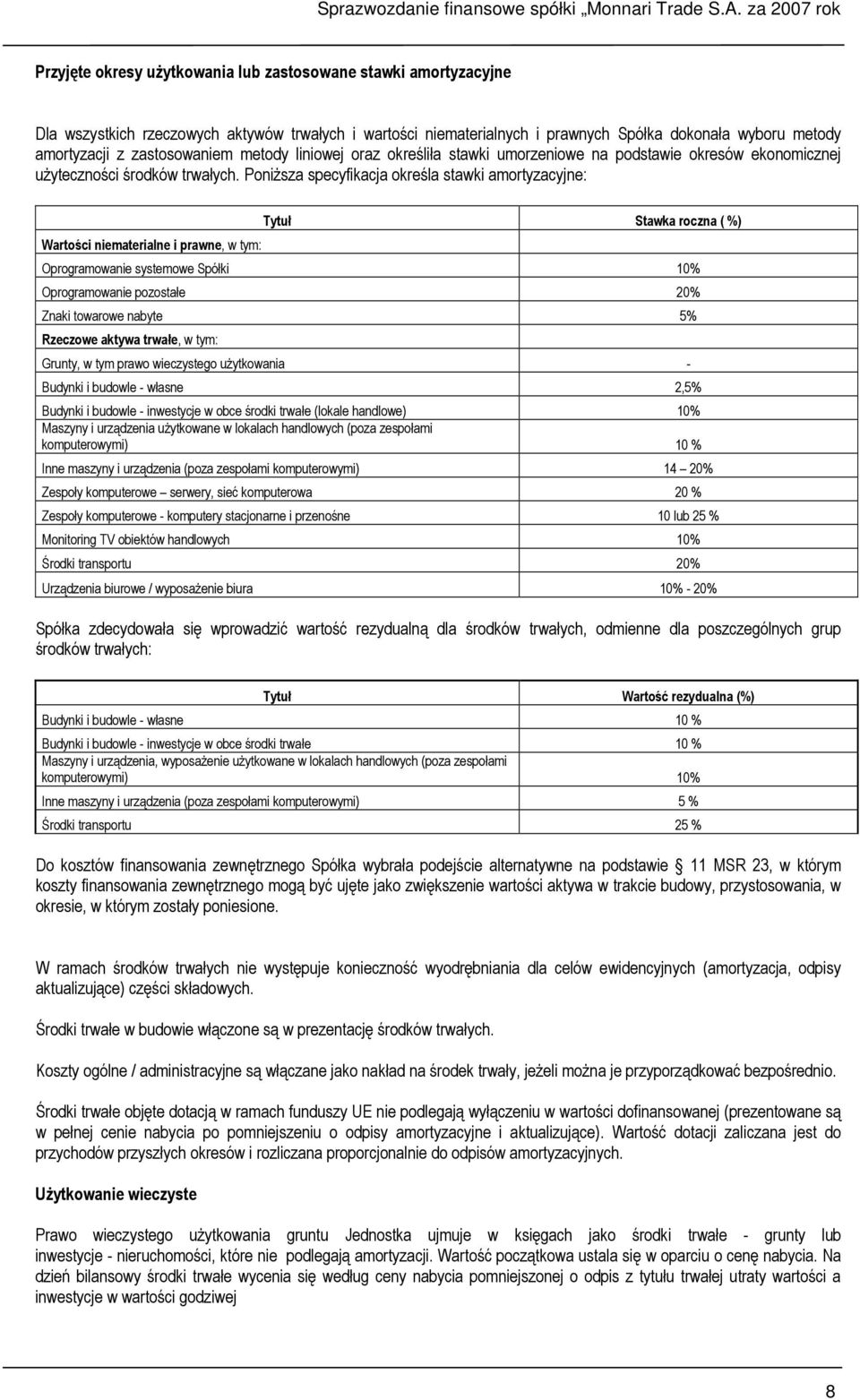 PoniŜsza specyfikacja określa stawki amortyzacyjne: Wartości niematerialne i prawne, w tym: Tytuł Stawka roczna ( %) Oprogramowanie systemowe Spółki 10% Oprogramowanie pozostałe 20% Znaki towarowe