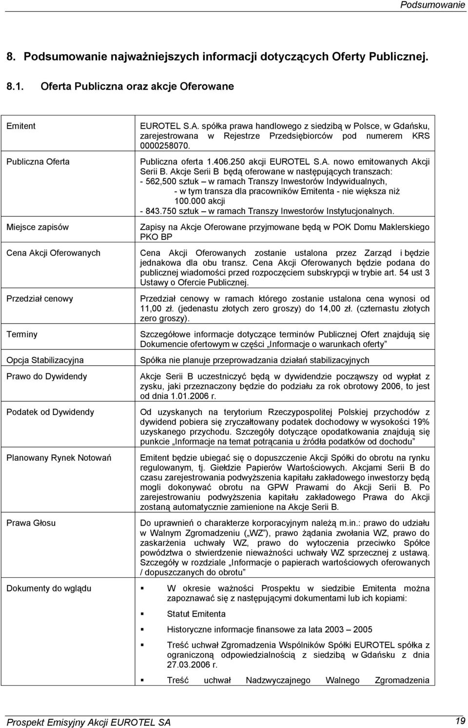 Rynek Notowa Prawa G osu EUROTEL S.A. spó ka prawa handlowego z siedzib w Polsce, w Gda sku, zarejestrowana w Rejestrze Przedsi biorców pod numerem KRS 0000258070. Publiczna oferta 1.406.