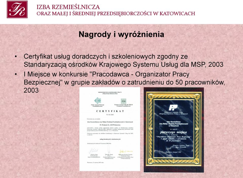 Usług dla MSP, 2003 I Miejsce w konkursie "Pracodawca -