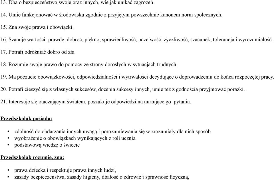 Rozumie swoje prawo do pomocy ze strony dorosłych w sytuacjach trudnych. 19. Ma poczucie obowiązkowości, odpowiedzialności i wytrwałości decydujące o doprowadzeniu do końca rozpoczętej pracy. 20.